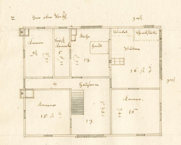 12) Heinrich Schickhardt, Schulthei&amp;szlig;enamtshaus zu M&amp;ouml;tzingen, Obergeschossgrundriss mit Lavierung raumfunktionaler Details (Ausschnitt), 1628